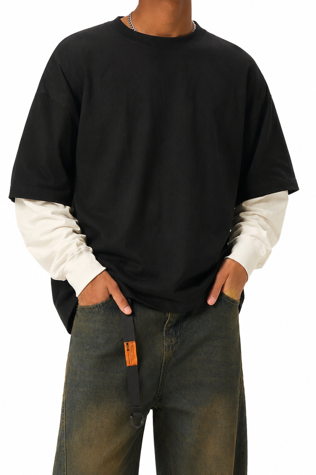 Layered Contrast Sleeve Cotton T-Shirt