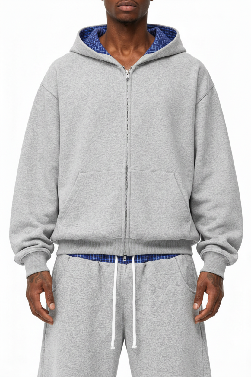 Contrast Plaid Boxy Zip Hoodie