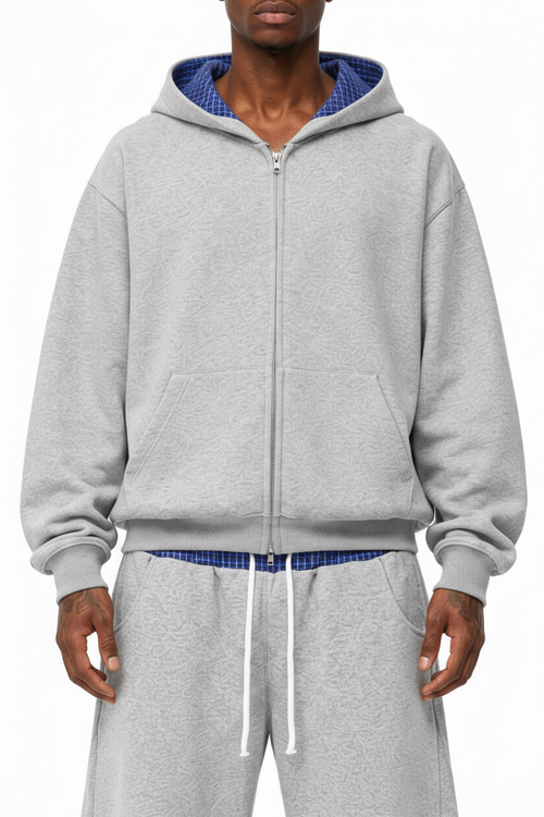 Contrast Plaid Boxy Zip Hoodie