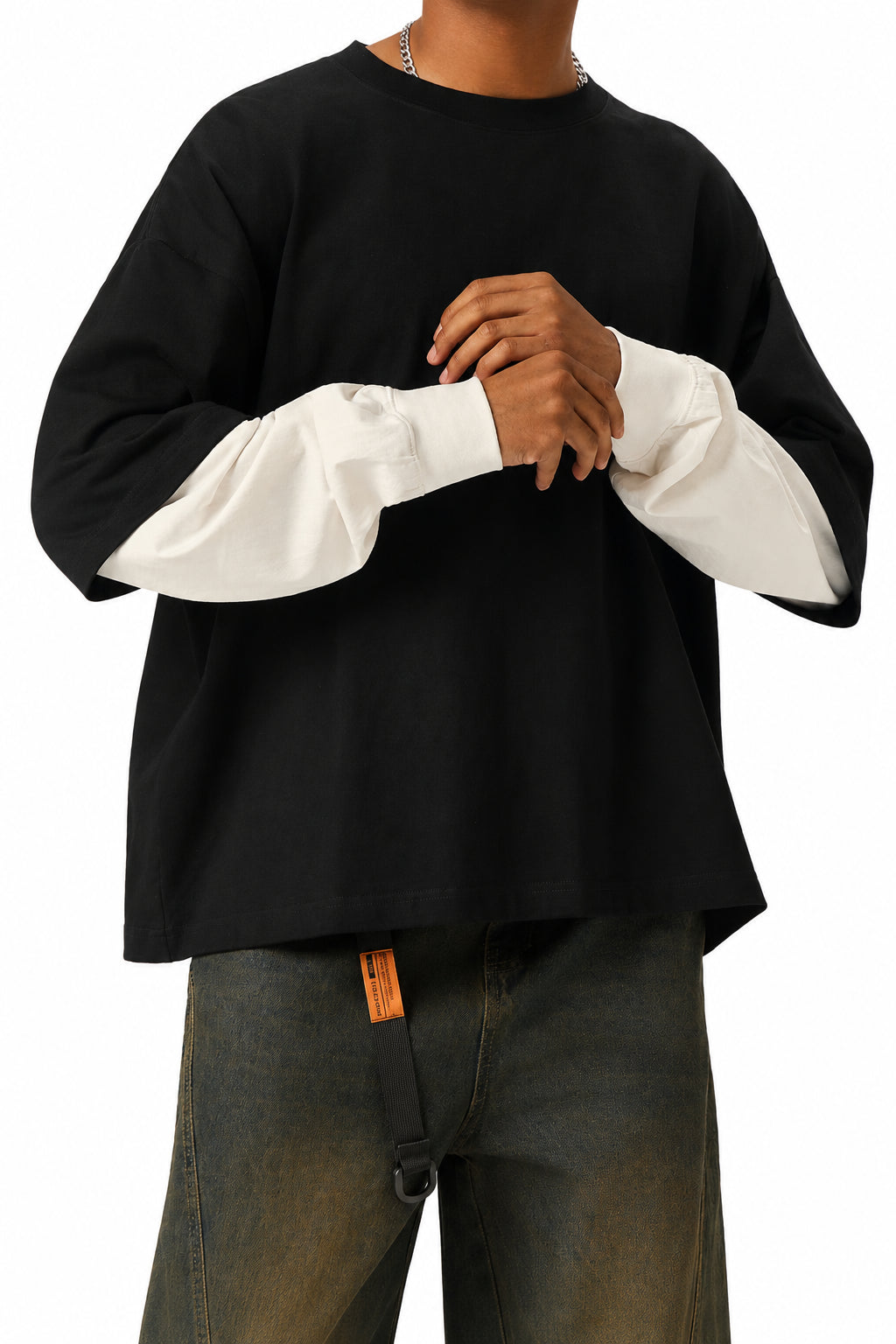 Layered Contrast Sleeve Cotton T-Shirt
